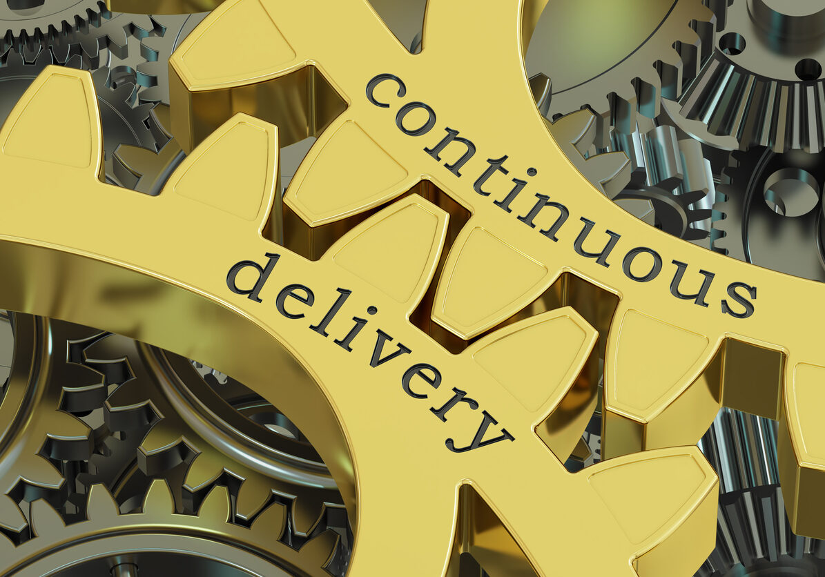 continuous delivery concept on the gears, 3D rendering
